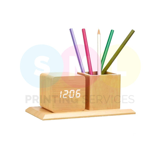 Wooden Clock Pen Holder